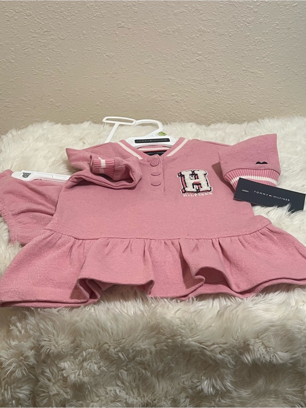 Tommy Hilfiger Pink Ruffle Hem Knit Top with 'H' Patch